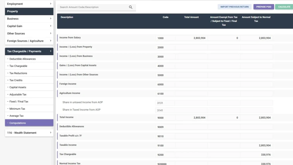 How to File an Income Tax Return in Pakistan (Step-by-Step Guide 2026) 11 FBR IRIS screenshot showing final Computations section with calculate button, displaying taxable income, withholding tax paid, tax chargeable, normal tax, and other values for income tax return filing in Pakistan.