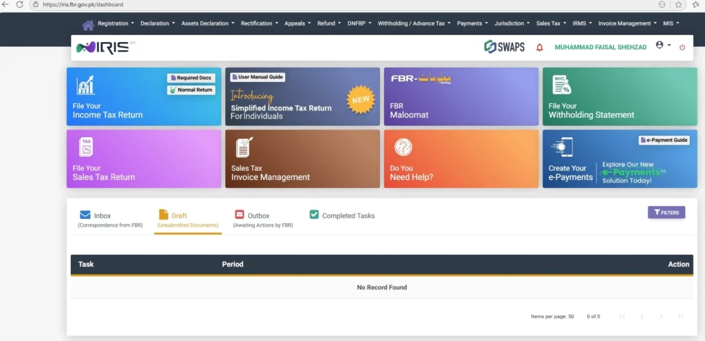 How to File an Income Tax Return in Pakistan (Step-by-Step Guide 2026) 4 FBR IRIS dashboard showing taxpayer profile, return filing, and online tax management in Pakistan.