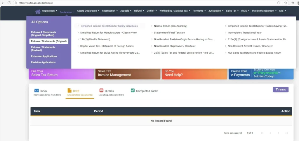 How to File an Income Tax Return in Pakistan (Step-by-Step Guide 2026) 5 Screenshot of FBR IRIS portal showing salaried person selecting Declaration and Returns/Statements (Original) to file income tax return in Pakistan.