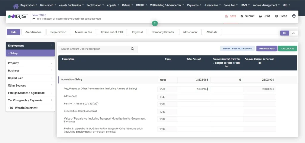 How to File an Income Tax Return in Pakistan (Step-by-Step Guide 2026) 9 FBR IRIS portal screenshot showing calculate button after entering salary details for income tax return filing in Pakistan.