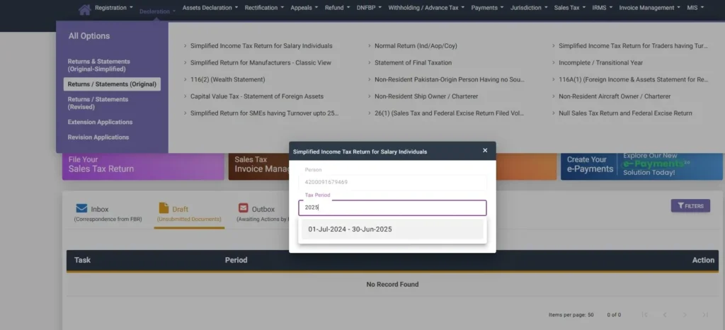 How to File an Income Tax Return in Pakistan (Step-by-Step Guide 2026) 6 FBR IRIS portal screenshot showing option to select fiscal year for income tax return filing in Pakistan.